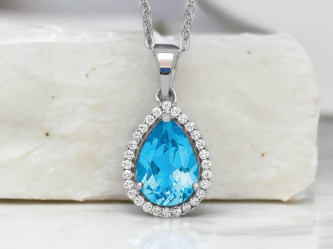 Sterling Silver Pear Shape Blue Topaz Necklace, Gifts For Her , Women Jewelry, Birthstone Necklace, December Birthstone Jewelry