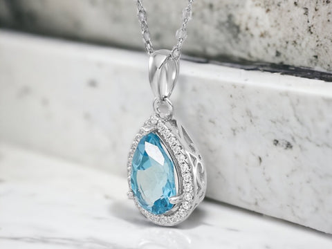 Sterling Silver Pear Shape Blue Topaz Necklace, Gifts For Her , Women Jewelry, Birthstone Necklace, December Birthstone Jewelry
