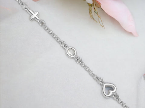 Sterling Silver Heart And Cross Bracelet, Silver Cross Bracelet, Silver Heart Bracelet, Dainty Jewelry Gifts For her