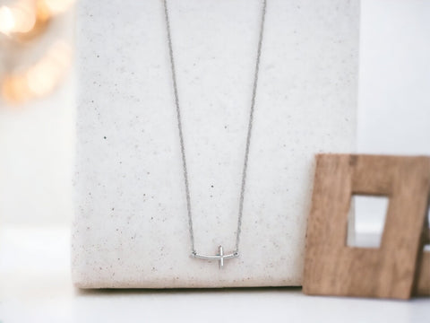Sterling Silver Cross Necklace, Sideways Cross Pendant Necklace, Simple Style Sidewyas Cross Pendant, Gift for Her