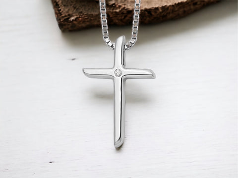 Sterling Silver Cross Necklace, Diamond Cross Pendant, Cross Necklace with Chain