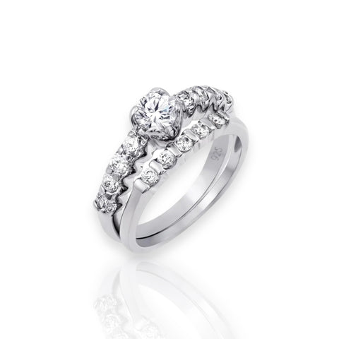 Silver 925 Rhodium Plated Clear CZ Bridal Ring Set