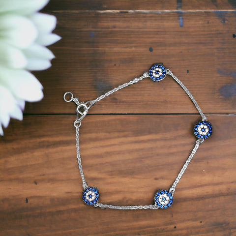 Silver 925 Black Rhodium and Rhodium Plated Evil Eye Bracelet