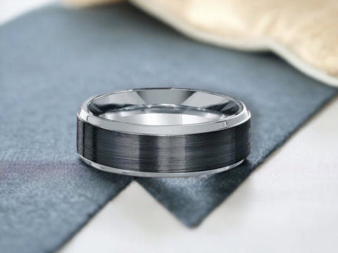 Men's Sterling Silver 925 Black Rhodium Plated Bordered Matte Finish Band 7mm