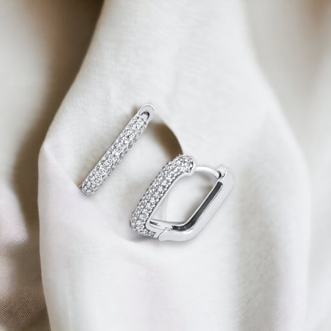 Silver 925 Rhodium Plated Square CZ Hoop Earrings