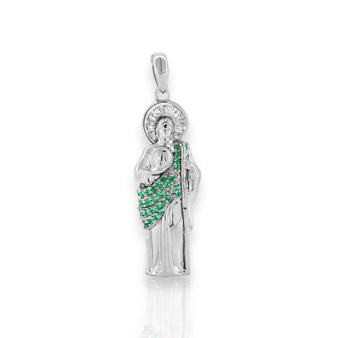 Silver 925 Rhodium Plated Green CZ St Jude Pendant