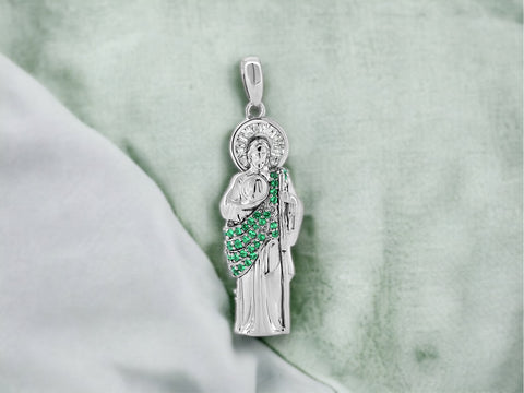 Silver 925 Rhodium Plated Green CZ St Jude Pendant