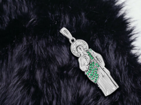 Silver 925 Rhodium Plated Green CZ St Jude Pendant