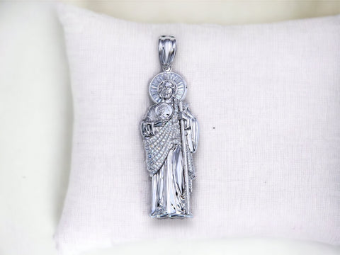 Silver 925 Rhodium Plated Clear CZ St Jude Pendant 41mm