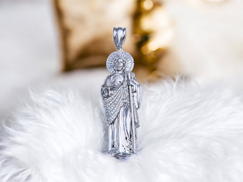 Silver 925 Rhodium Plated Clear CZ St Jude Pendant 41mm