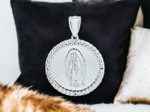 Silver 925 Rhodium Plated CZ Lady of Guadalupe Medallion Pendant