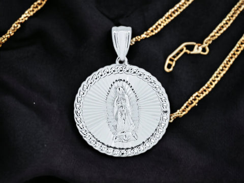 Silver 925 Rhodium Plated CZ Lady of Guadalupe Medallion Pendant