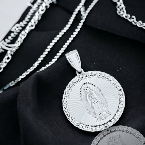 Silver 925 Rhodium Plated CZ Lady of Guadalupe Medallion Pendant