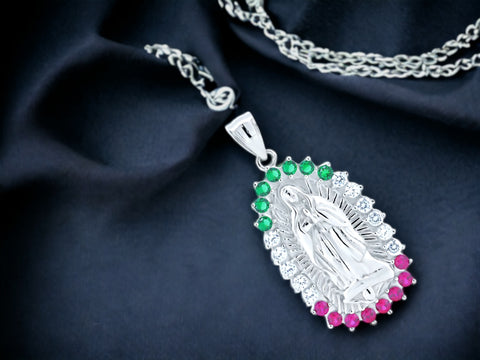 Silver 925 Rhodium Plated CZ Lady of Guadalupe Pendant