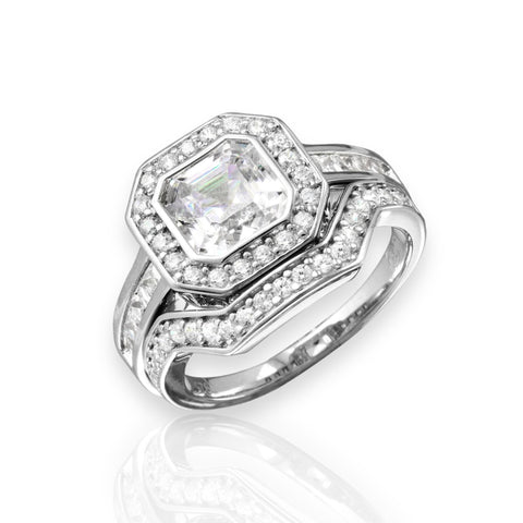Silver 925 Rhodium Plated 2pcs CZ Square Center Bridal Ring