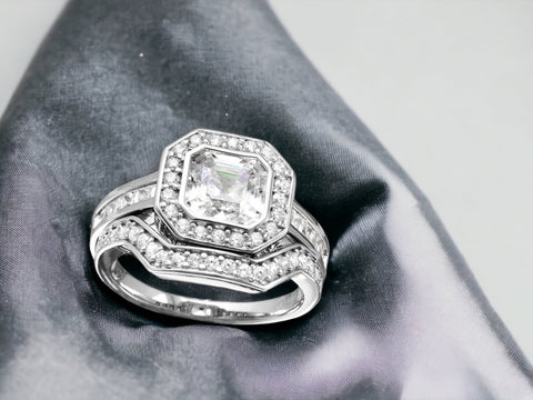 Silver 925 Rhodium Plated 2pcs CZ Square Center Bridal Ring