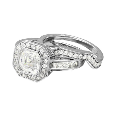 Silver 925 Rhodium Plated 2pcs CZ Square Center Bridal Ring
