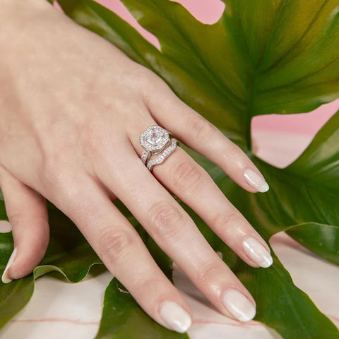 Silver 925 Rhodium Plated 2pcs CZ Square Center Bridal Ring