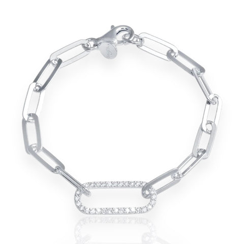 Silver 925 Rhodium Plated Paperclip CZ Chain Bracelet