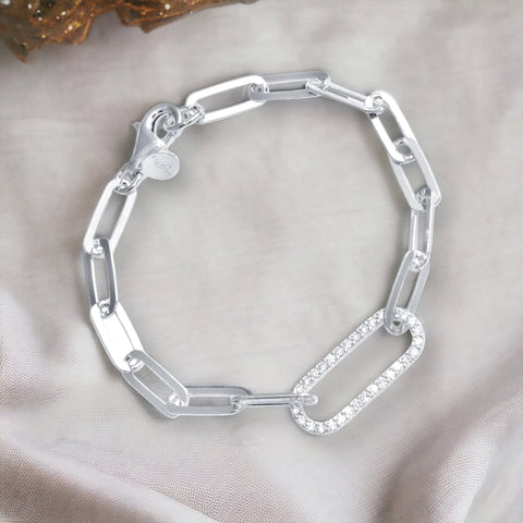 Silver 925 Rhodium Plated Paperclip CZ Chain Bracelet