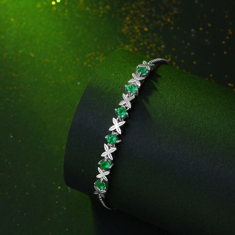 Hot Round Natural Green Jade Four Leaves Clover 925 Sterling Silver Bracelet