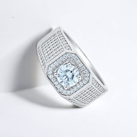 Silver 925 Rhodium Plated Men's 1 Carat Moissanite Stones Encrusted Statement Ring