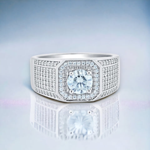 Silver 925 Rhodium Plated Men's 1 Carat Moissanite Stones Encrusted Statement Ring