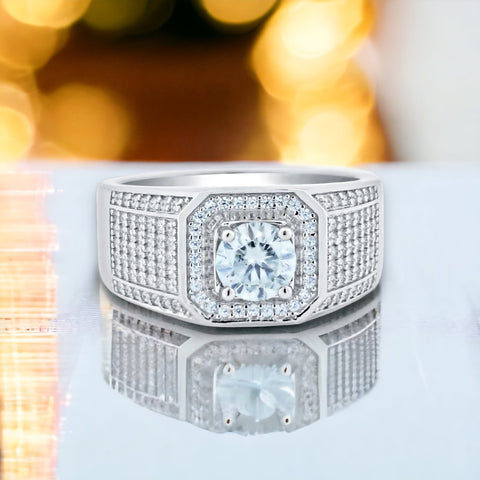 Silver 925 Rhodium Plated Men's 1 Carat Moissanite Stones Encrusted Statement Ring