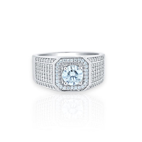 Silver 925 Rhodium Plated Men's 1 Carat Moissanite Stones Encrusted Statement Ring