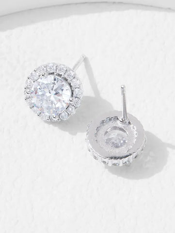 Shiny Round Inlay Sterling Silver Zircon White Gold Plated Ear Studs