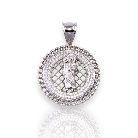 Silver 925 Rhodium Plated CZ Encrusted St. Benedict Disc Pendant