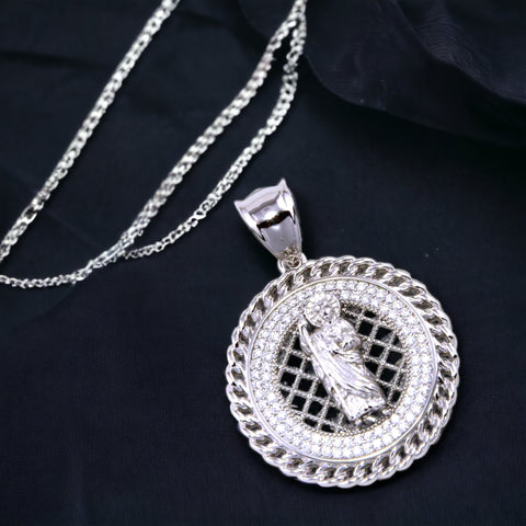 Silver 925 Rhodium Plated CZ Encrusted St. Benedict Disc Pendant