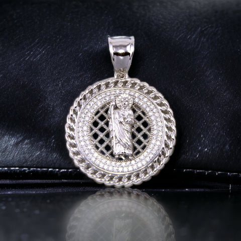 Silver 925 Rhodium Plated CZ Encrusted St. Benedict Disc Pendant