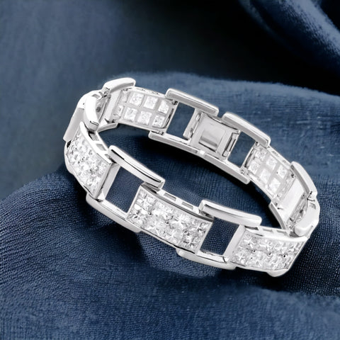 Men's Silver 925 Rhodium Plated Link Clear Square CZ Studded Bracelet