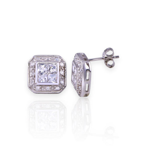 Silver 925 Rhodium Plated Square Halo Clear CZ Stud Earrings (Unisex)