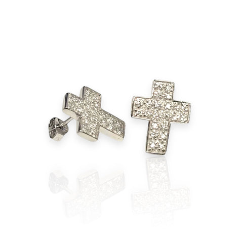 Silver 925 Rhodium Plated Cross Micro Pave Clear CZ Stud Earrings (Unisex)