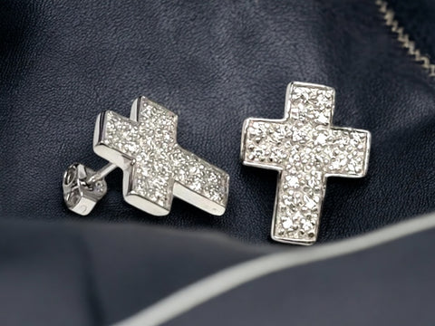 Silver 925 Rhodium Plated Cross Micro Pave Clear CZ Stud Earrings (Unisex)