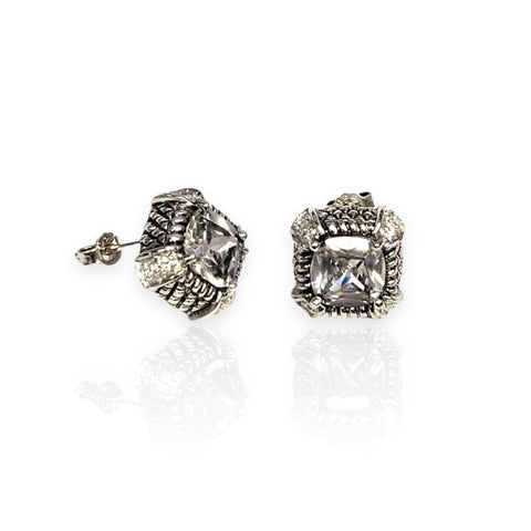 Silver 925 Rhodium Plated Square CZ Stud Earrings