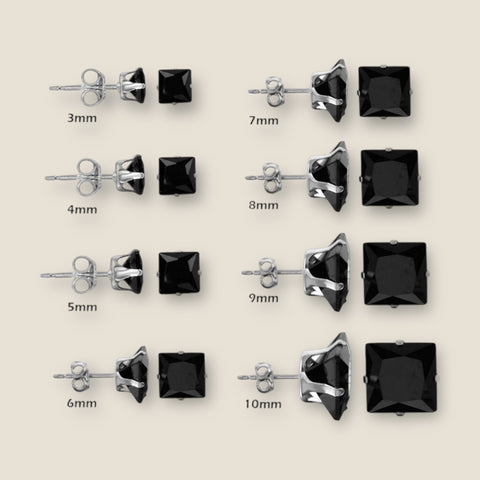 Silver 925 Square Black CZ Stud Earring 3mm to 10mm (Unisex)