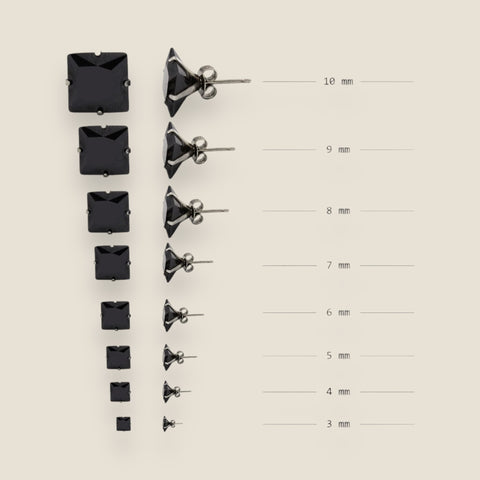 Silver 925 Square Black CZ Stud Earring 3mm to 10mm (Unisex)