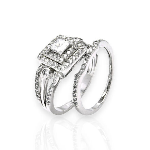 Silver 925 Rhodium Plated Clear CZ Bridal Multi Layer Square Ring Set