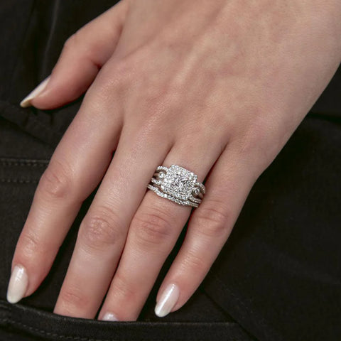 Silver 925 Rhodium Plated Clear CZ Bridal Multi Layer Square Ring Set