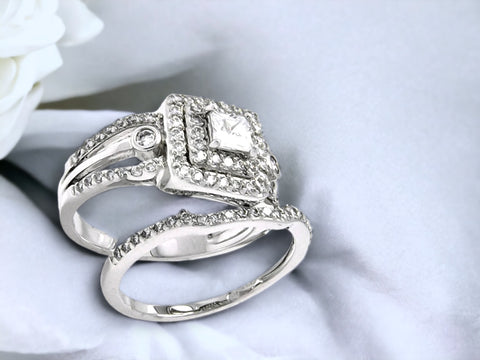 Silver 925 Rhodium Plated Clear CZ Bridal Multi Layer Square Ring Set