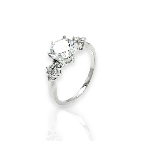 Silver 925 Rhodium Plated Round Center Diamond Shaped Bridal Ring
