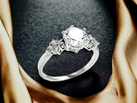 Silver 925 Rhodium Plated Round Center Diamond Shaped Bridal Ring