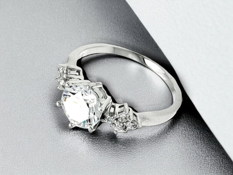 Silver 925 Rhodium Plated Round Center Diamond Shaped Bridal Ring