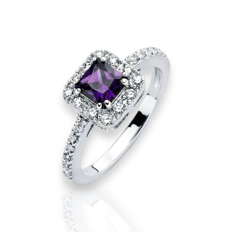 Rhodium Plated Clear Micro Pave Set and Square Purple Center  Bridal Ring