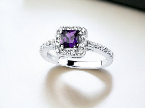 Rhodium Plated Clear Micro Pave Set and Square Purple Center  Bridal Ring