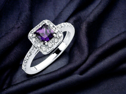 Rhodium Plated Clear Micro Pave Set and Square Purple Center  Bridal Ring