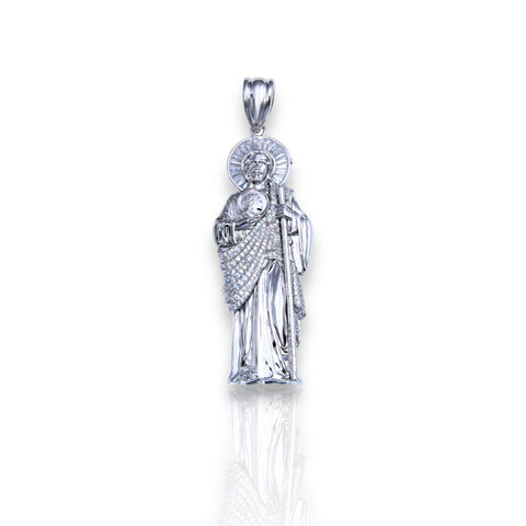 Silver 925 Rhodium Plated Clear CZ St Jude Pendant 41mm